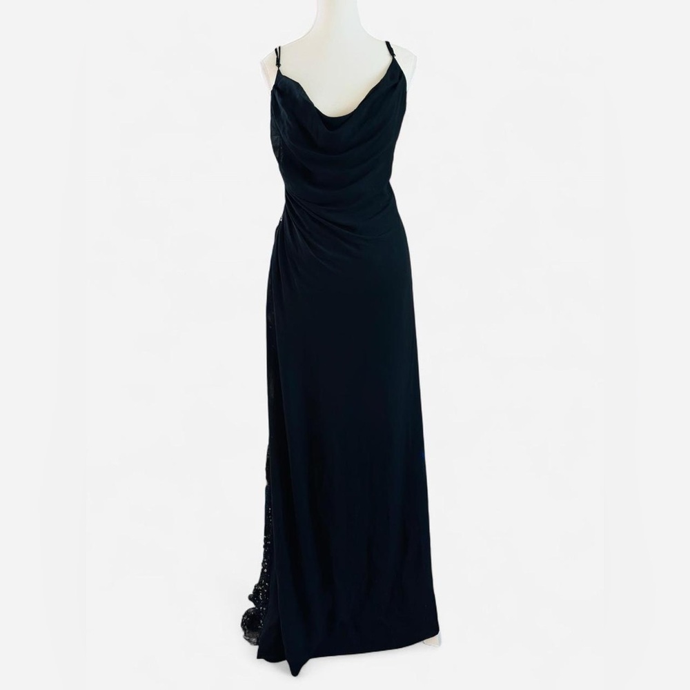 Tadashi Black Cowl Neck Draped Evening Gown Lace Sequin Side Panel M